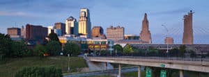 Downtown KC skyline during sunset from highway